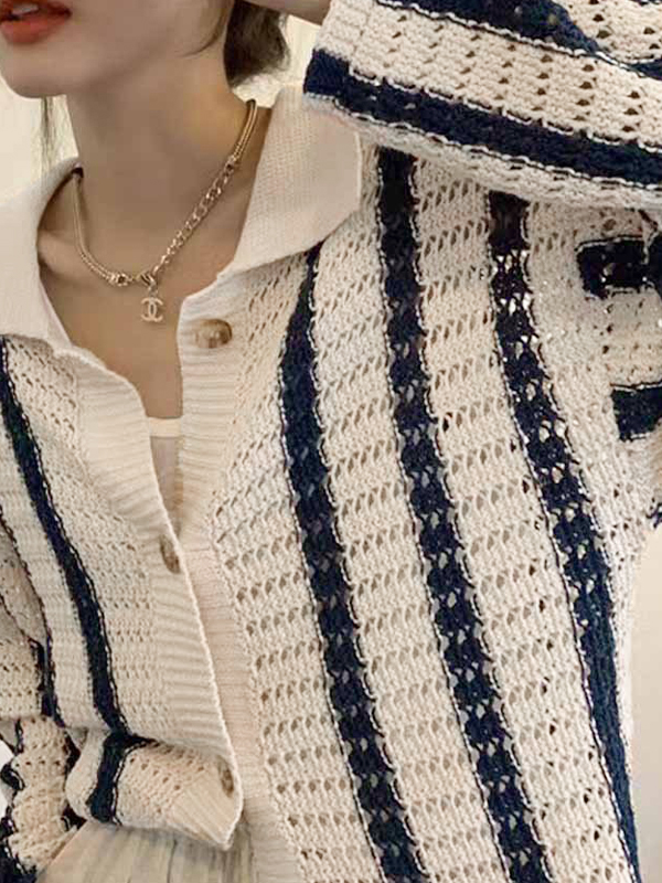 Cutout Striped Baggy Cardigan-2