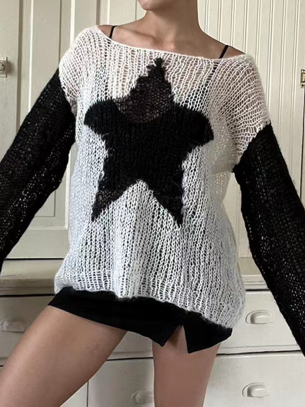 Contrast Color Star Baggy Smock Sweater-3
