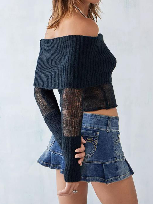 Off Shoulder Splice Thin Long Sleeve Knit-2