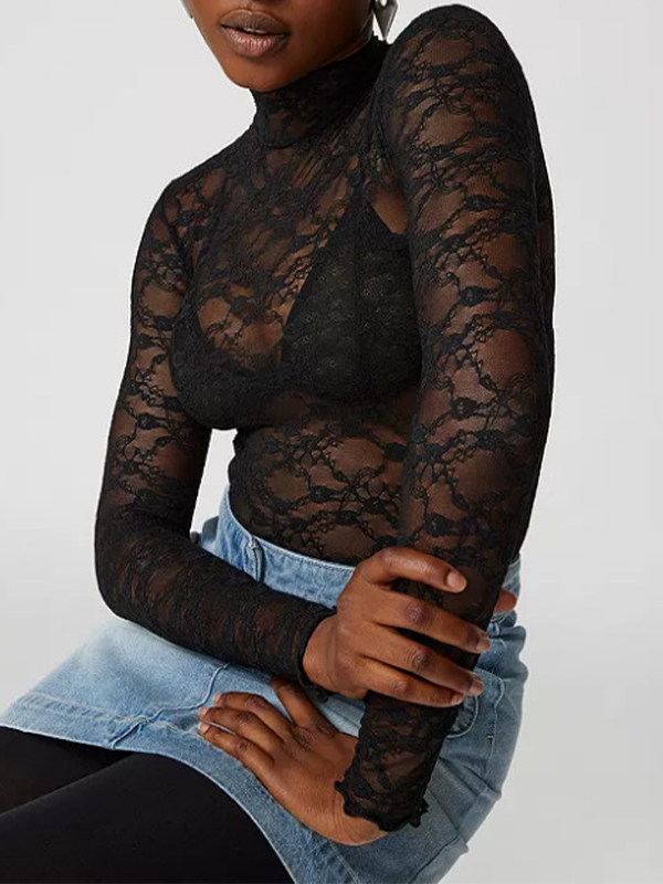 All Over Lace Mock Neck Long Sleeve Tee-2