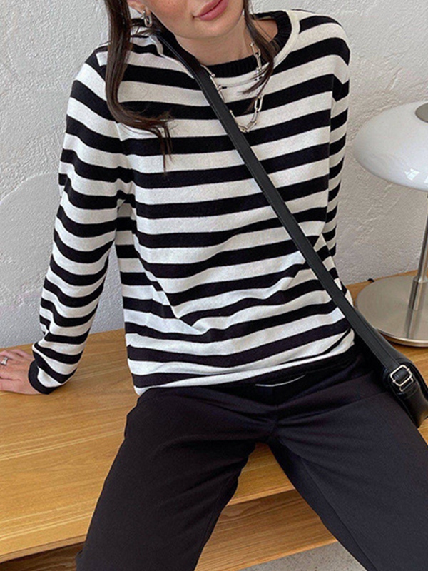 Striped Crew Neck Knit Sweater-2