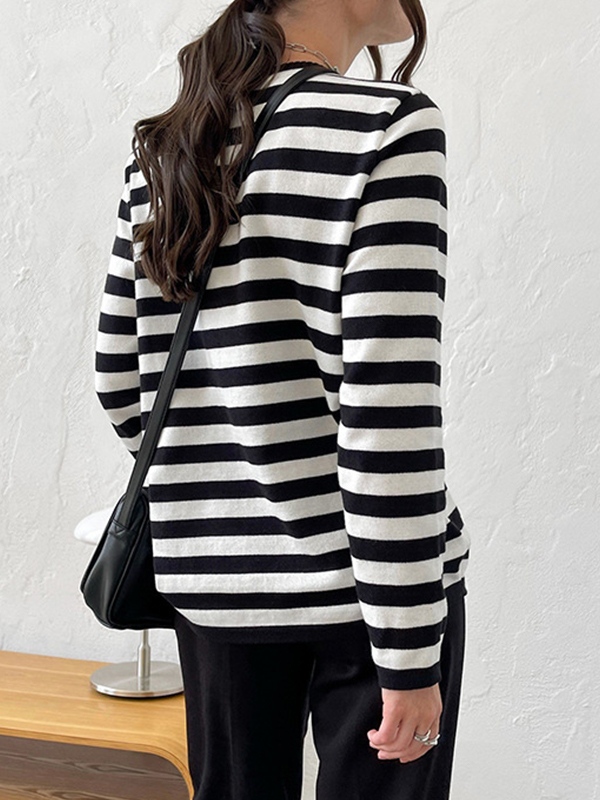 Striped Crew Neck Knit Sweater-3