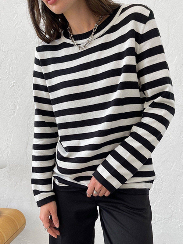 Striped Crew Neck Knit Sweater-1