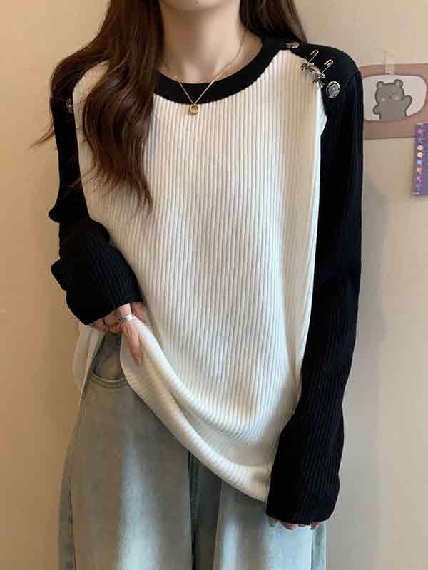 Contrast Color Splice Metal Decor Long Sleeve Knit-5