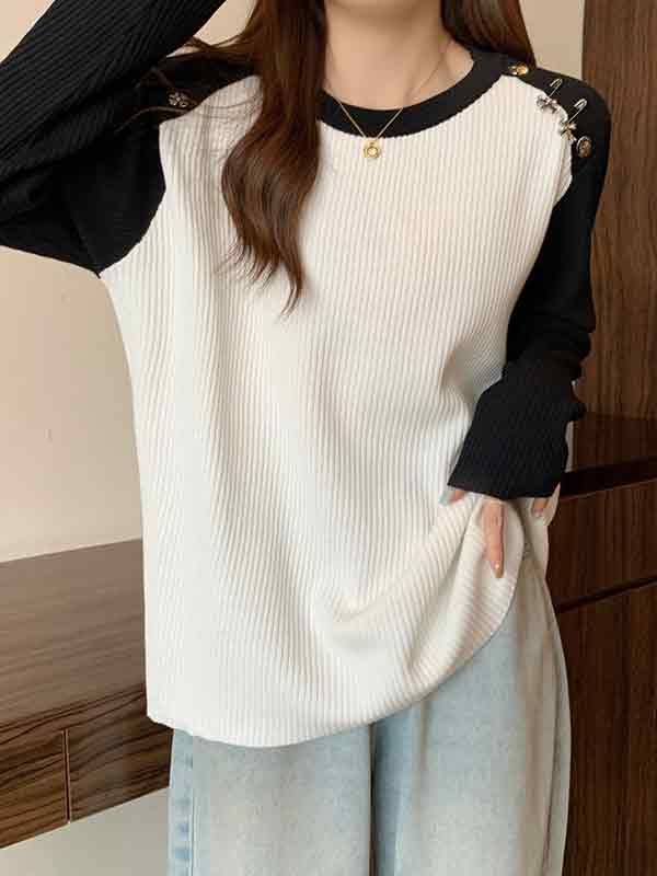 Contrast Color Splice Metal Decor Long Sleeve Knit-1