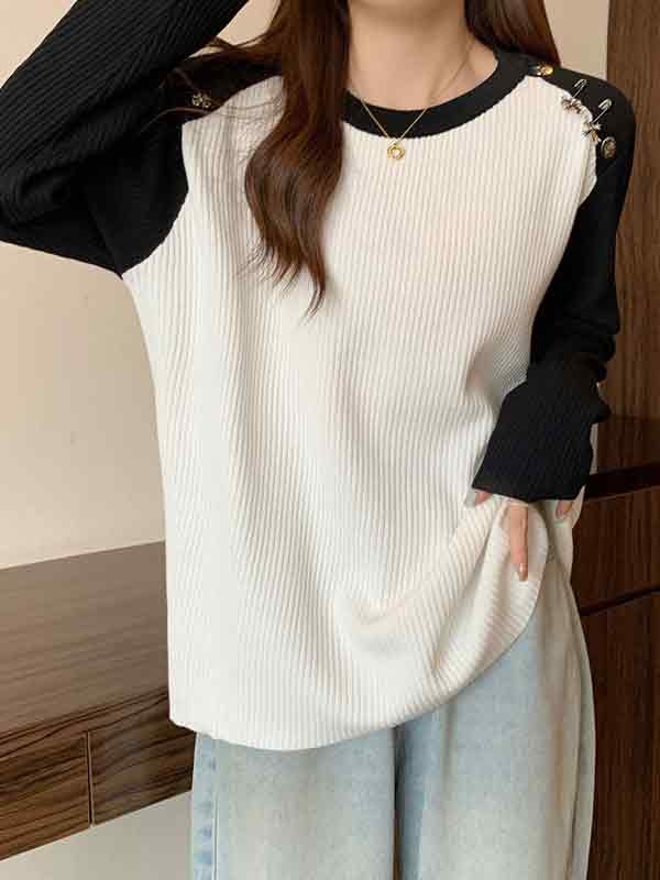 Contrast Color Splice Metal Decor Long Sleeve Knit-2