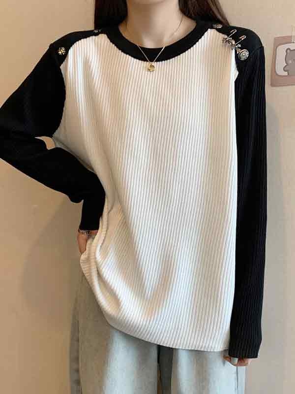Contrast Color Splice Metal Decor Long Sleeve Knit-3