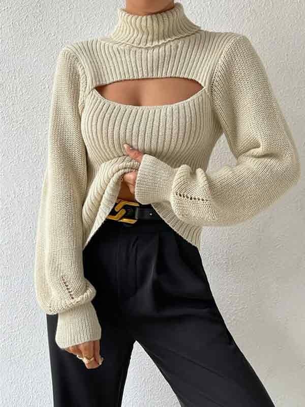 Solid Cutout High Neck Sweater-1