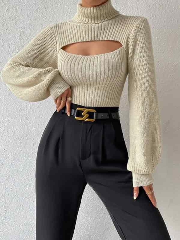 Solid Cutout High Neck Sweater-3