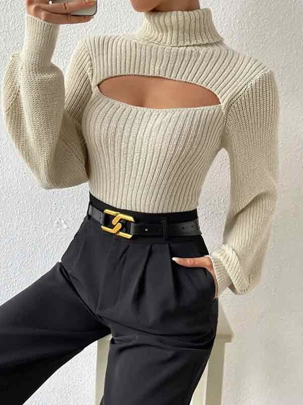 Solid Cutout High Neck Sweater-2
