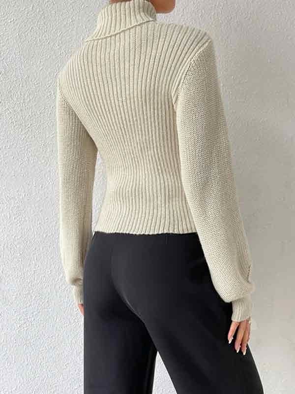Solid Cutout High Neck Sweater-4