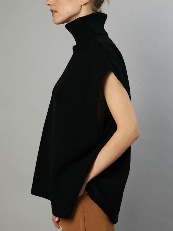 Solid High Neck Loose Sweater Vest-1