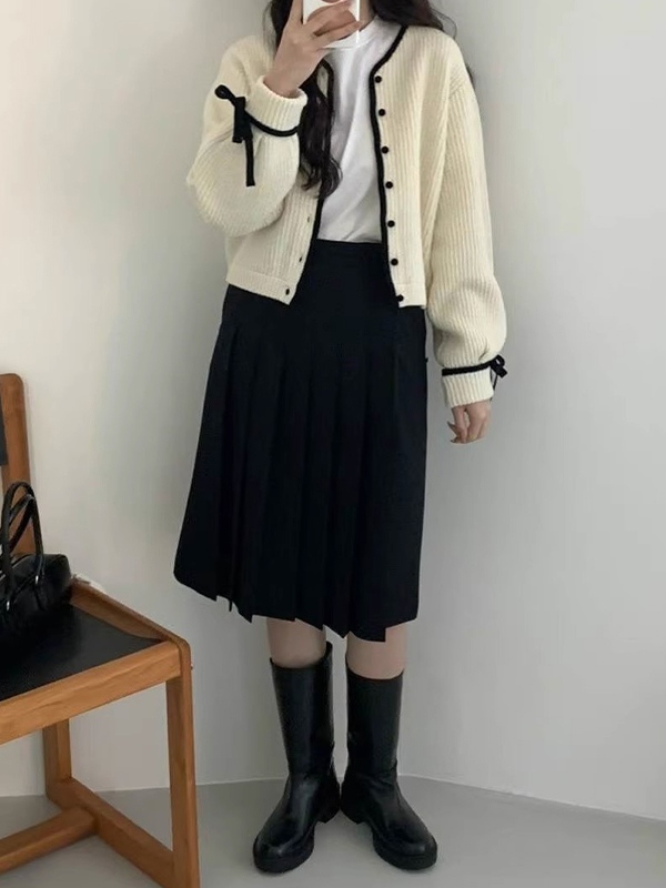 Contrast Trim Bow Decor Knit Cardigan-1