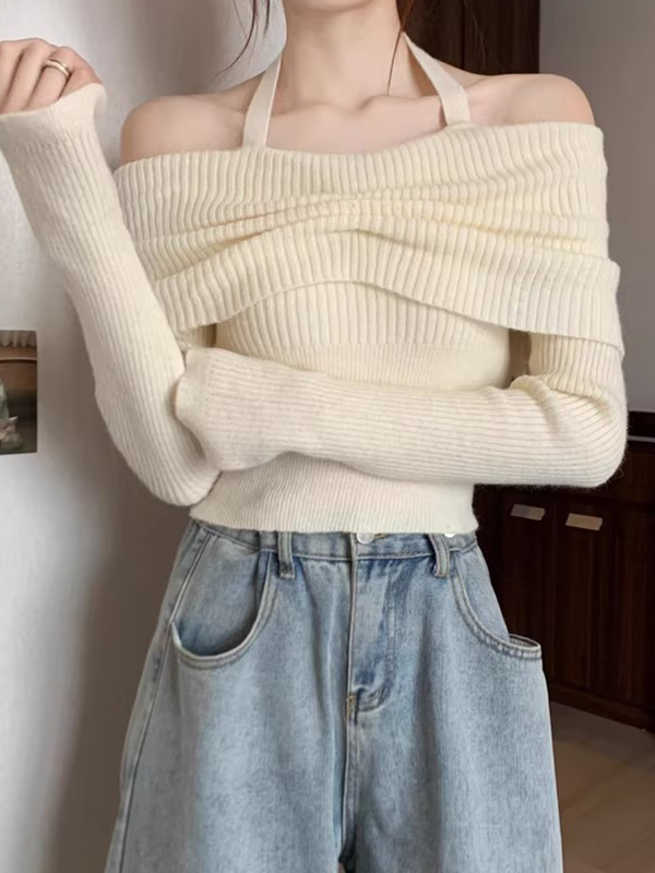 Solid Halter Ruched Cold Shoulder Sweater-2