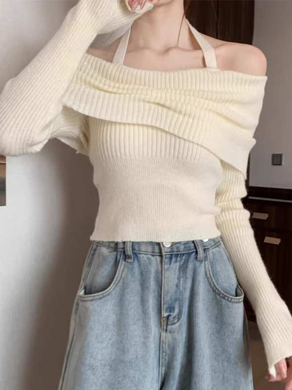 Solid Halter Ruched Cold Shoulder Sweater-1