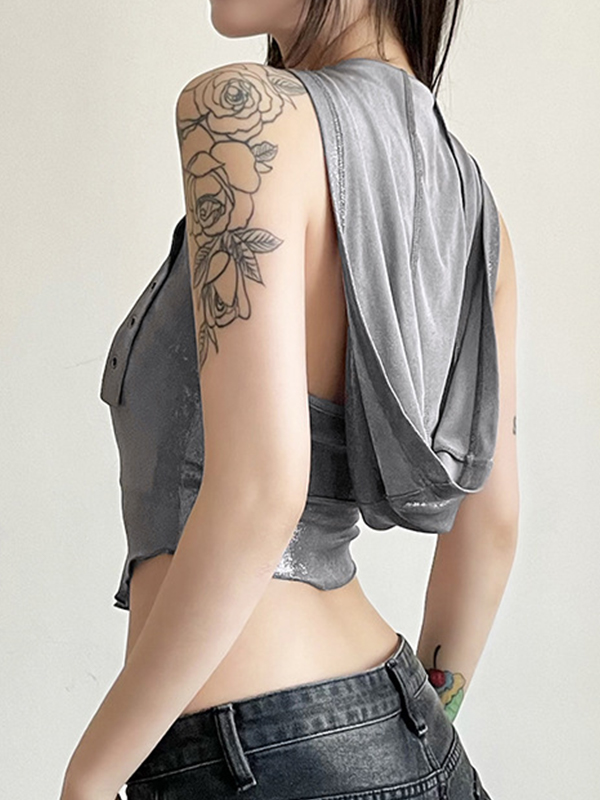 Metallic Eyelet Buckle Hooded Halter Vest-3