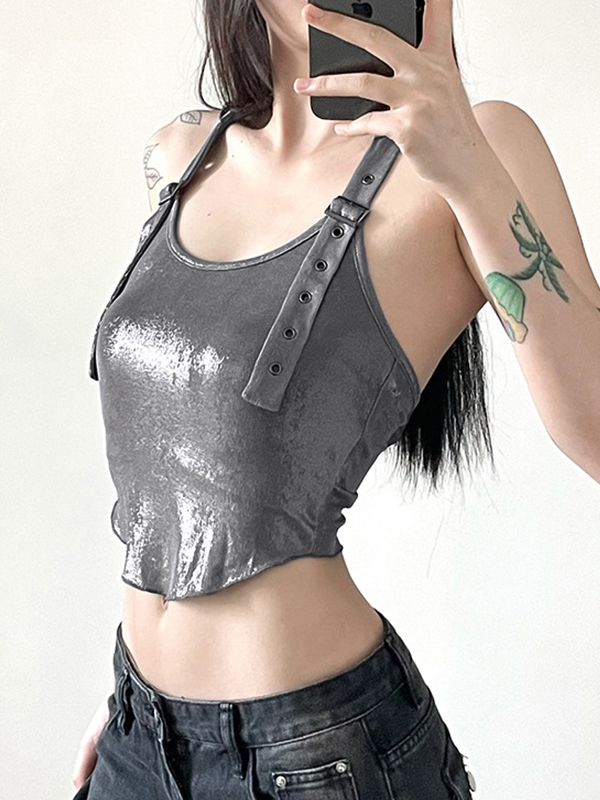 Metallic Eyelet Buckle Hooded Halter Vest-2