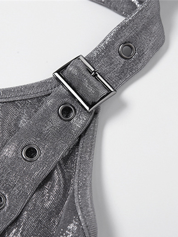 Metallic Eyelet Buckle Hooded Halter Vest-7