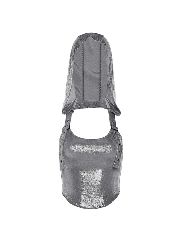 Metallic Eyelet Buckle Hooded Halter Vest-5