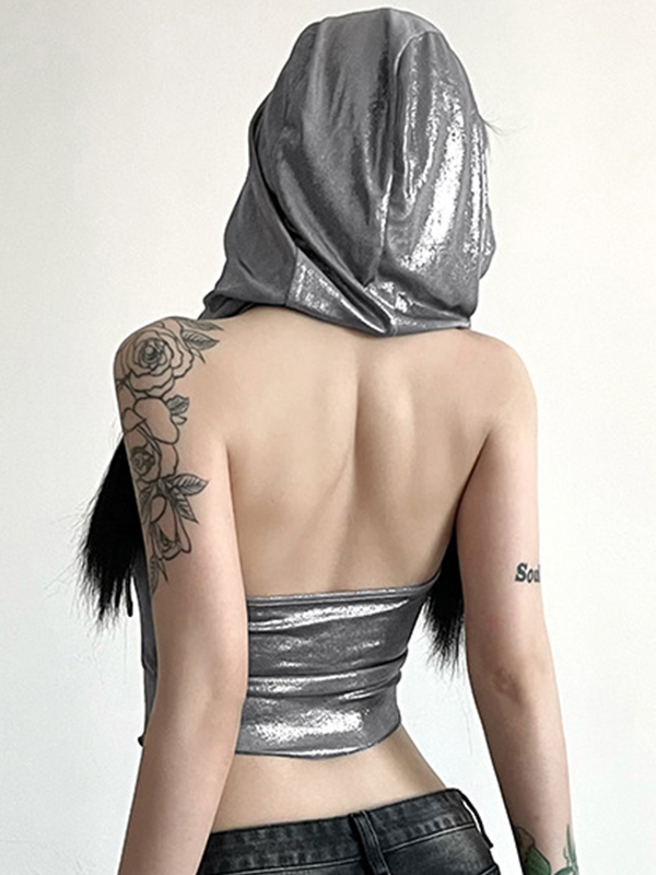 Metallic Eyelet Buckle Hooded Halter Vest-4