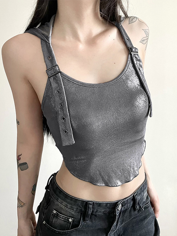 Metallic Eyelet Buckle Hooded Halter Vest-1